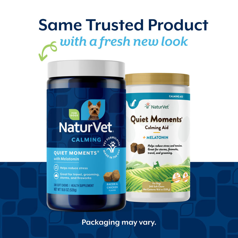 NaturVet Quiet Moments Calming Dog Supplement, Dog Soft Chews with Melatonin to Help Reduce Stress from Storms, the Vet, Fireworks, and Travel, Bacon and Chicken Flavored Pet Supplement, 240 Count Jar 240 Count (Soft Chews)