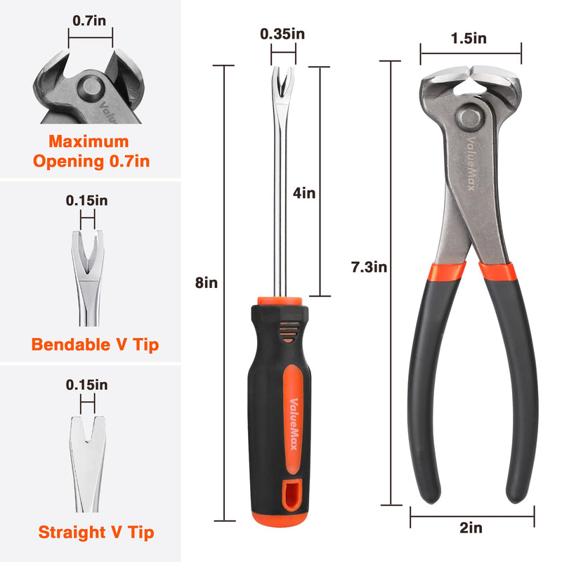 VALUEMAX 3Pcs Nail Puller Nail Remover Tool, Include 7" End Cutting Pliers, 8" Bendable and Straight V Tip Upholstery Staple Remover, Upholstery Tools for Cutting Wires, Removing Nails and Staples