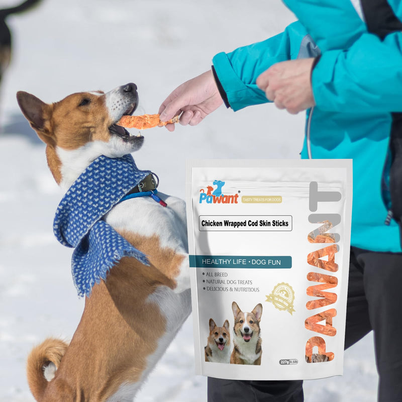 Chicken Wrapped Cod Skin Dog Treats, 45% Real Chicken & 45% Fish Skin - High Protein Omega-3 Dog Chews for Skin & Coat Health - Rawhide Free, Training Snacks for All Breeds 16oz Chicken Wrapped Cod Skin Sticks 1 Pound (Pack of 1)
