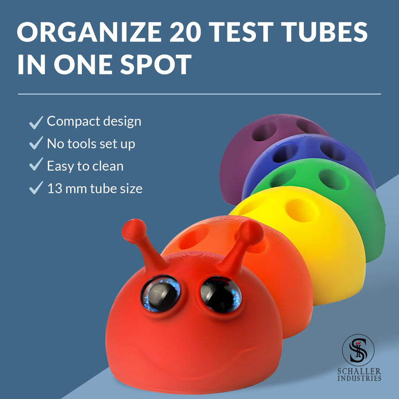 S I Schaller Industries Rainbow Caterpillar Test Tube Holder, 13mm - Veterinary Blood Test Tube Rack, Holds 20 Vials, Compact Fun Design Organizer for Pediatric and Veterinary Use 13mm Tube Size