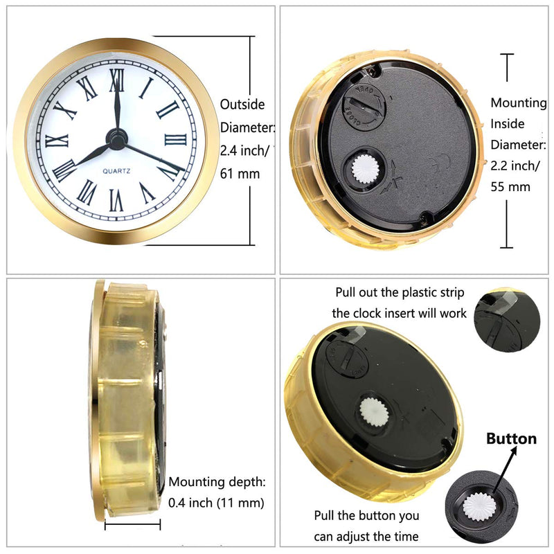 HILLHOME Mini Clock Insert 2.4 Inch (61 mm) Round Quartz Clock Fit-up Movement Miniature Clock White Dial Gold Tone Bezel Roman Numerals (Gold)