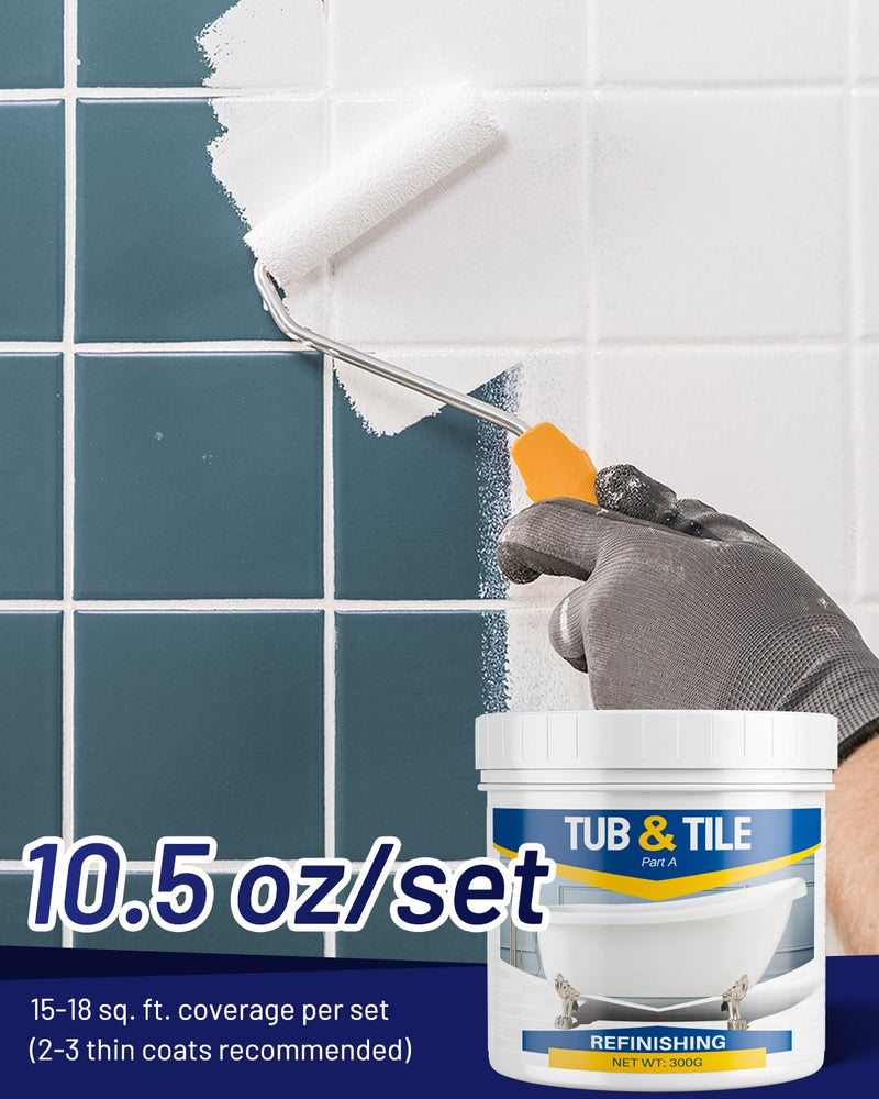Tile Paint, 10.6oz Tub and Tile Paint Refinishing Kit with Tools and Hardener, Easy to Use for Countertop Bathroom Bathtub Kitchen Sink, Semi-Gloss White, Low Odor，15-18sq.ft 10.6 Fl Oz (Pack of 1)
