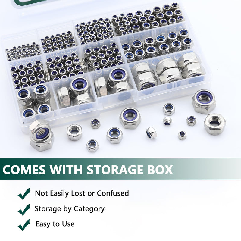 Metric Lock Nut Assortment Kit, 530PCS Nylon Insert Lock Nuts Set, 304 Stainless Steel Standard Thread Nylock Nuts for Bolt M2 M2.5 M3 M4 M5 M6 M8 M10 M12, Hex Lock Nuts Assortment Kit Metric 530PCS