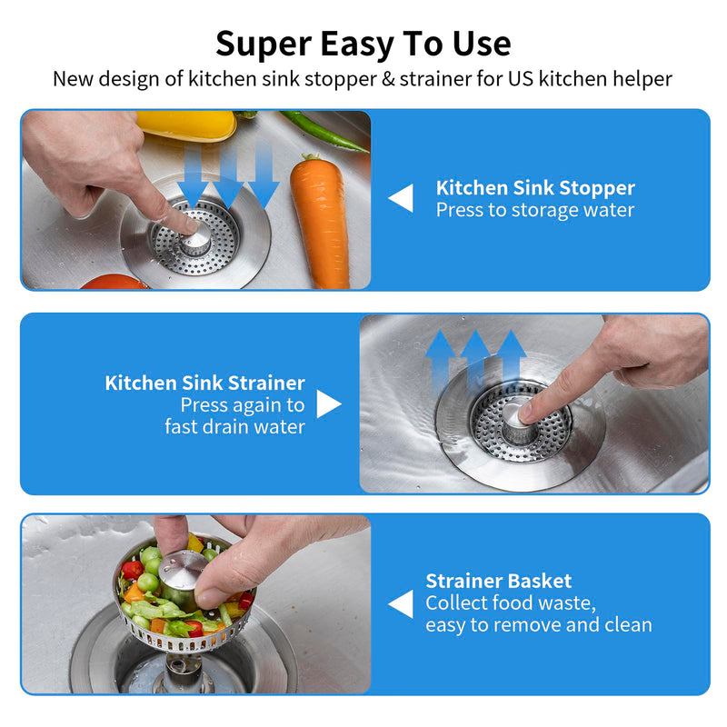 Upgraded 3 in 1 Kitchen Sink Drain Strainer - Stainless Steel Sink Stopper, Anti-Clogging Sink Food Catcher Basket, Fast Drainage Odor Filter Sink Plug for US Standard 3 1/2 inch Drain (Silver-1Pack) Silver-1pack
