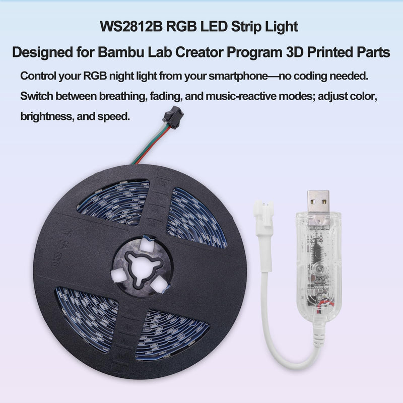 LED Light Box Kit for 3D Printed Light, RGB LED Strip Lights for Bambu Lab 3D Printer WS2812B, Smart App Control Small Lamp for MakerWorld DIY Models, USB 5V (5M/16.4FT & 3Pack APP Control) 5M/3PCS APP Control