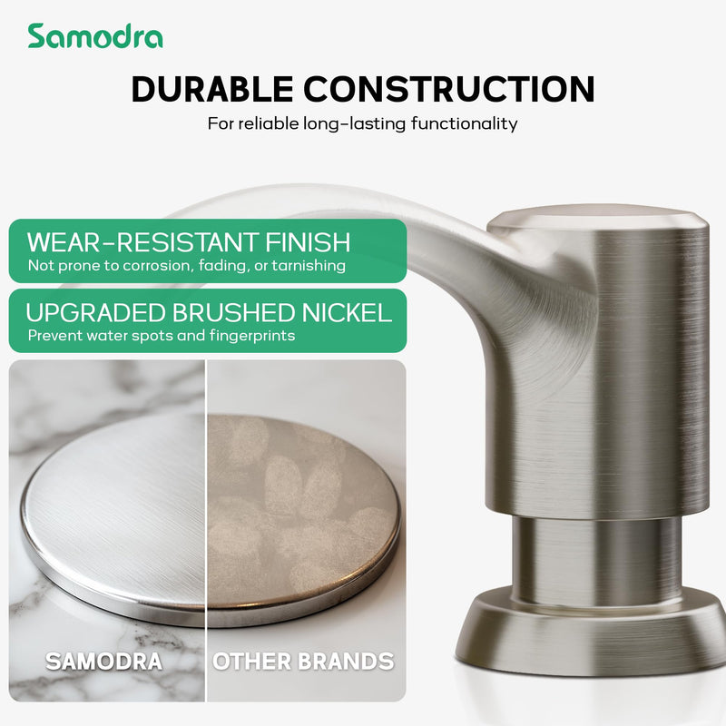 SAMODRA Built in Kitchen Sink Soap Dispenser (Brushed Nickel) with 13 oz Large PET Lotion Bottle, Refill from Top Brushed Nickel 13 oz Bottle