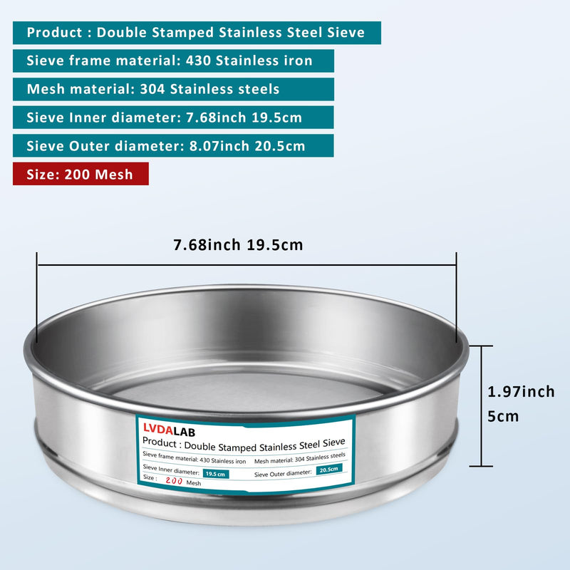 304 Stainless Steel Mesh Lab Sieve, 200 Mesh (0.075mm) Aperture Test Sieve, 7.9Inch(20cm) Diameter Economy Standard Analysis Sample Test Sieves for Industrial Laboratory Homes 200mesh(Ф7.9in/20cm)