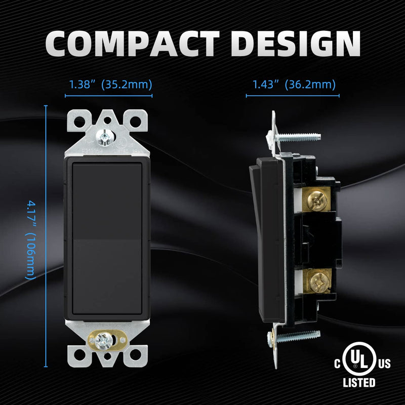 ELEGRP Matte Black Single Pole Decorator Light Switch, 15Amp, 120/277V, Decorative Paddle Rocker Switch Replacement, On/Off Wall Switch, Self-Grounding, Residential/Commercial Grade, UL/CUL (5 Pack) Without Wall Plate 5