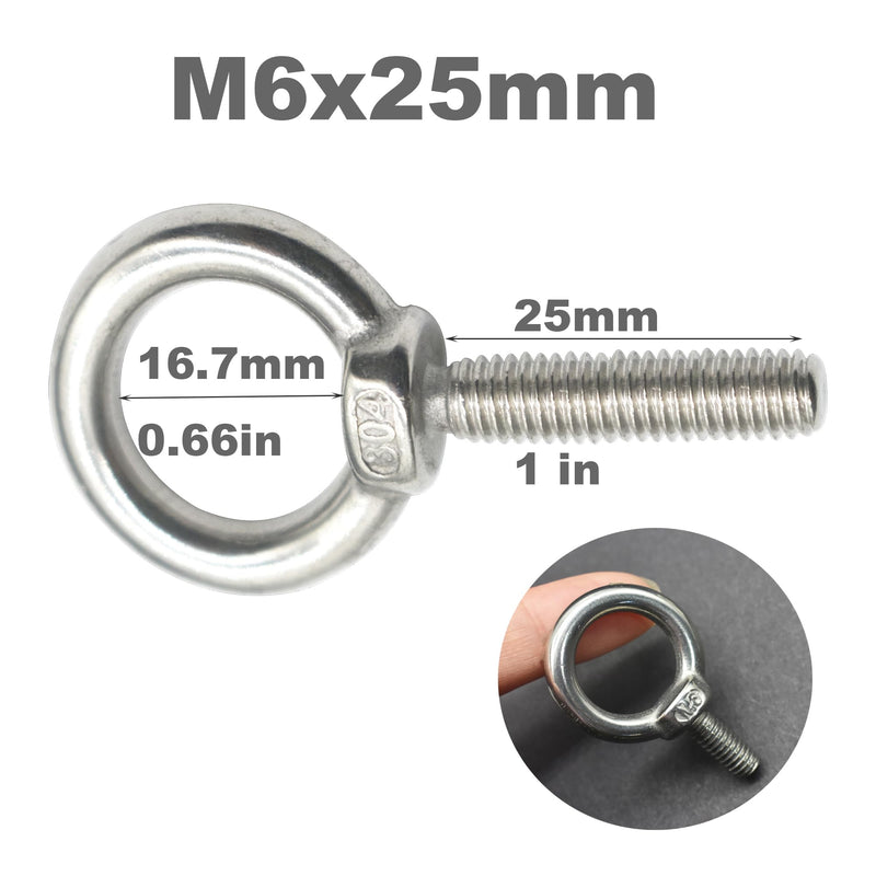 10 Packs M6 Stainless Eyebolt 1"(25mm) Long Male Screw Thread Ring Shoulder Eye Bolts M6*25mm(1")-10PCS