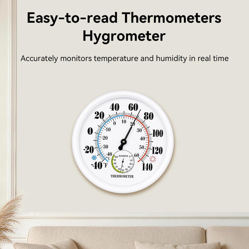 Outdoor Thermometer Waterproof, 10 Inch Large Wall Mount, Easy to Read Outdside Thermometer Hygrometer, Analog Temperature Humidity Gauge for Indoor, Patio, Garden, Garage, White