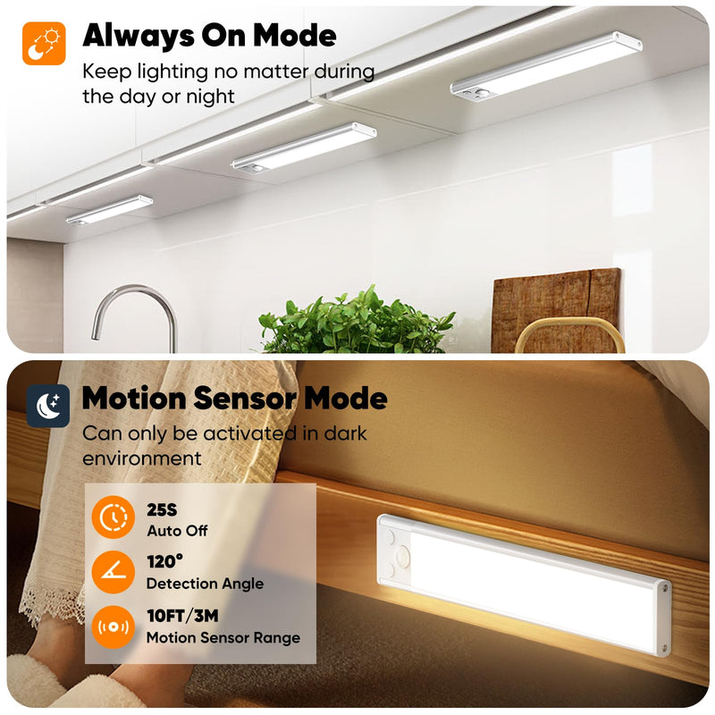 Under Cabinet Lights, 68-LED Rechargeable Battery Operated Motion Sensor Lights Indoor, 1800mAh Magnetic Dimmable Closet Lights, 3 Color Wireless Under Counter Night Lights for Kitchen Stair, 3 Packs 8 inch