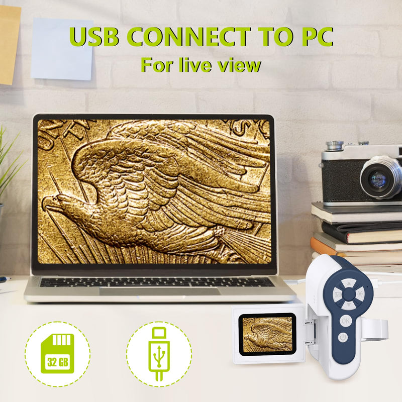 Digital Microscope,1200X USB Microscope,Coin Microscope with 6 Adjustable LED Lights, 2'' LCD Screen Microscope for Kids and Adults, 32GB SD Card,Photo and Video Mini Microscope White