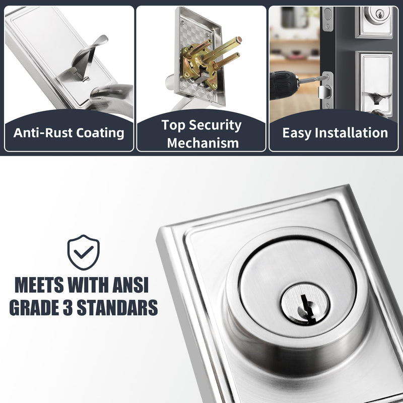 Front Door Handleset with Deadbolt – Satin Nickel Entry Handle Set with Interior Door Knob, Keyed Single Cylinder Lock, Reversible, Fits 1-3/8"–1-3/4" Doors