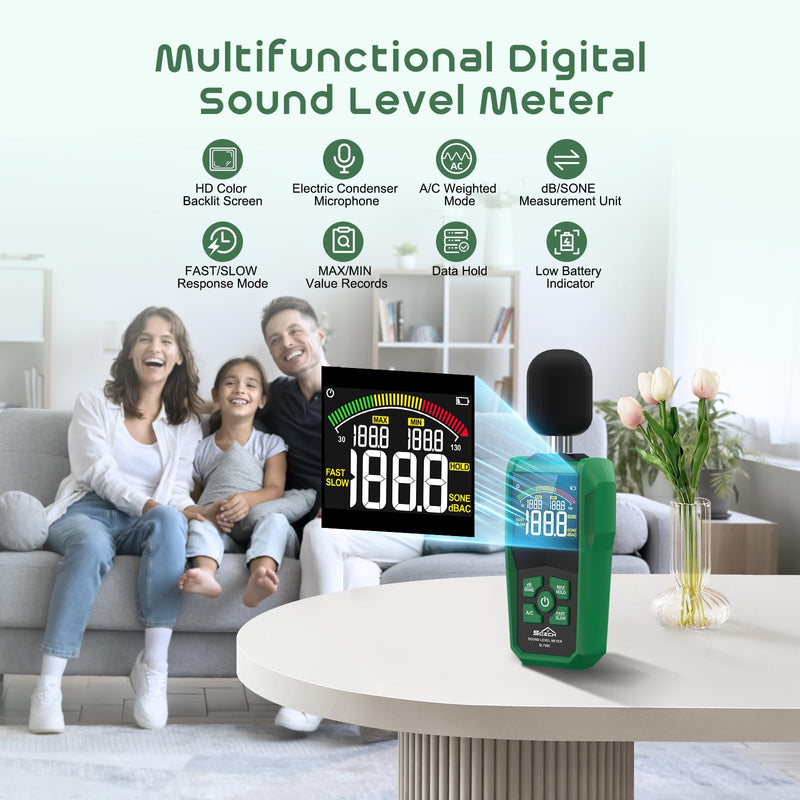 Decibel Meter,SQECH Digital Sound Level Meter with Color Backlit Screen,Portable SPL Meter with A/C Weighted,dB/SONE Unit,FAST/SLOW Response,MAX/MIN,Data Hold,Range 30-130dB,for Home/Office/Factories