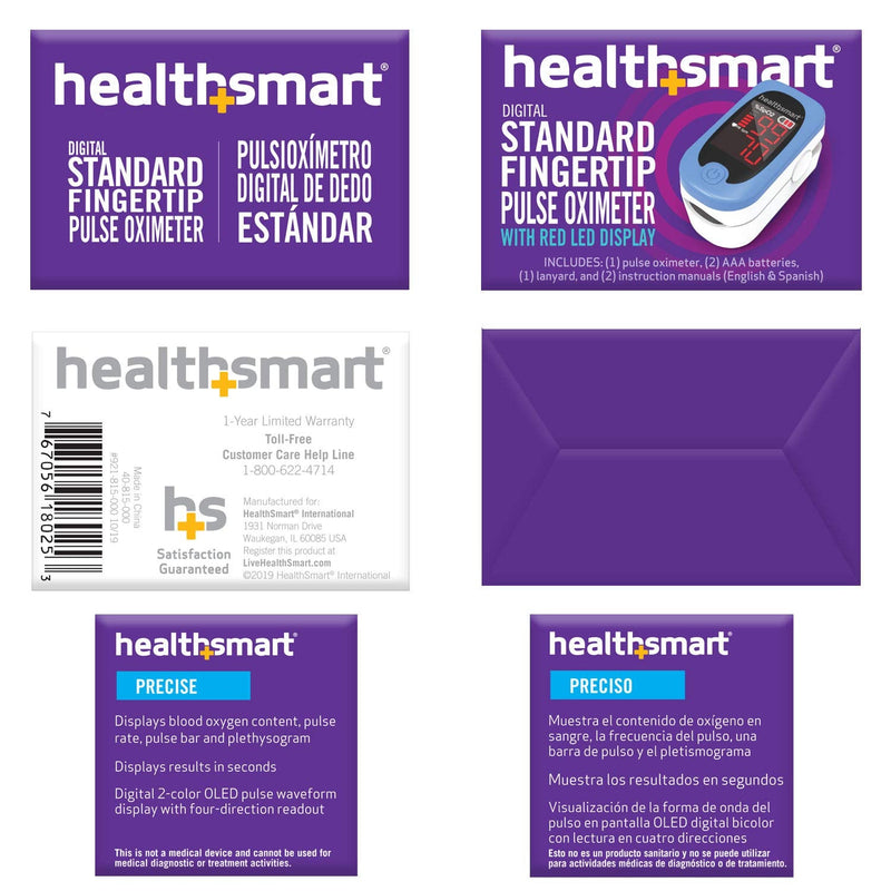 HealthSmart Pulse Oximeter for Fingertip, Displays Blood Oxygen Saturation & Pulse Rate, Accurate & Reliable, Batteries & Lanyard Included Red OLED ONE SIZE