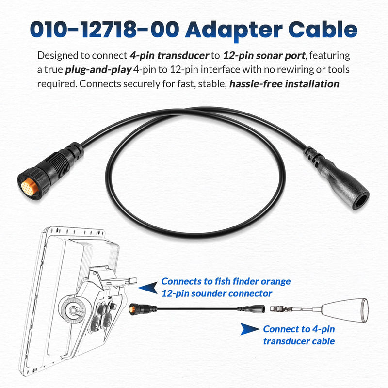 Replace for Garmin 010-12718-00 Sounder Adapter Cable, Connects 4-Pin Transducer to 12-Pin Fish Finder, for Garmin echoMAP Chirp/Plus/Ultra/UHD/UHD2 Series Fish Finders, 25-inch