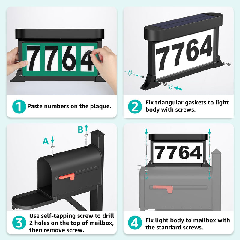Solar Address Sign, 3-Color Lighting Modes Mailbox Number Plaque Waterproof, Double Sided Light-Emitting Mailbox Topper, LED House Numbers