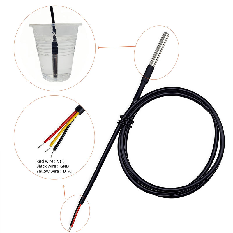 5pcs DS18B20 Temperature Sensor Waterproof Digital Stainless Steel Tube Temp Probe 3 Meter 118.1" Compatible with Arduino Raspberry pi