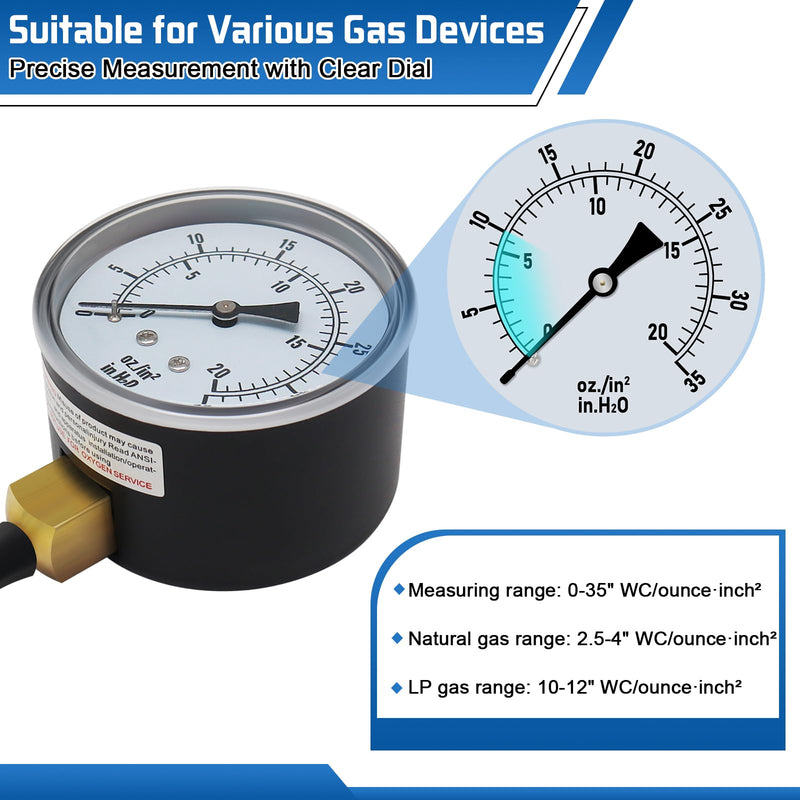 Boltigen Manometer Gas Pressure Tester, Natural Gas or LP Gas Manifold Pressure Test Kit with Gauge 0-35'' W.C, 1/8'' NPT, 1/4'' NPT Barb Fitting LP Gas Pressure Tester, 40'' Hose