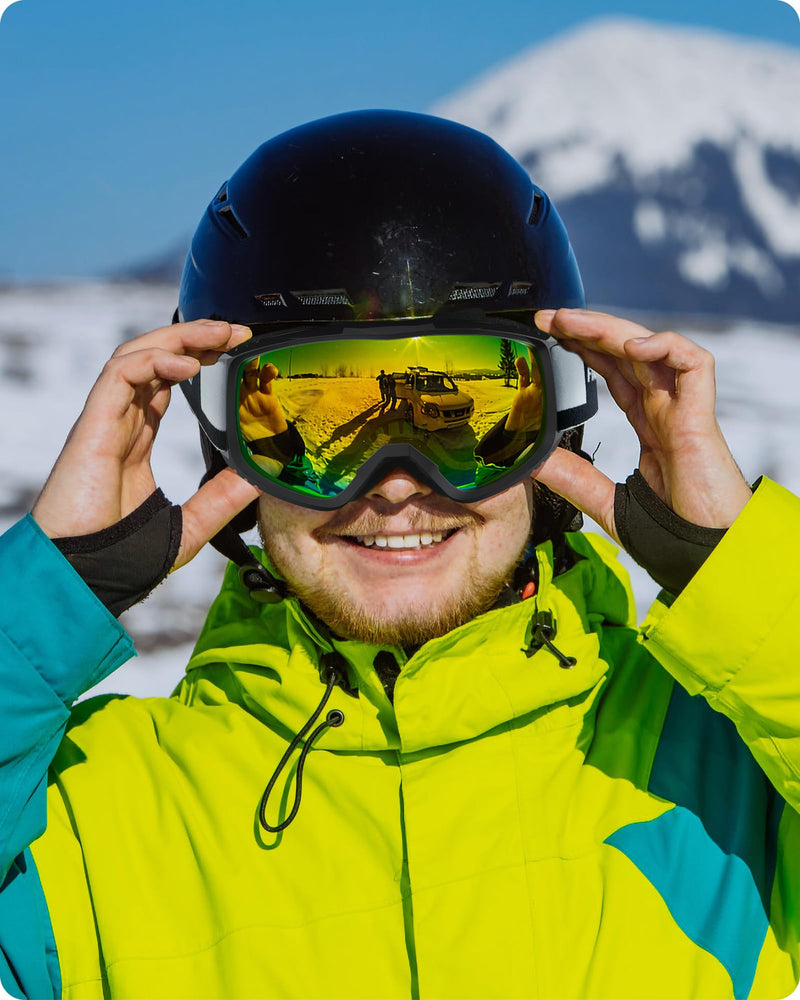 findway OTG Ski Goggles - Over Glasses Snow Snowboard Goggles for Men Women Adult & Youth - Anti-Fog 100% UV Protection Black Frame-revo Gold -Vlt-10%