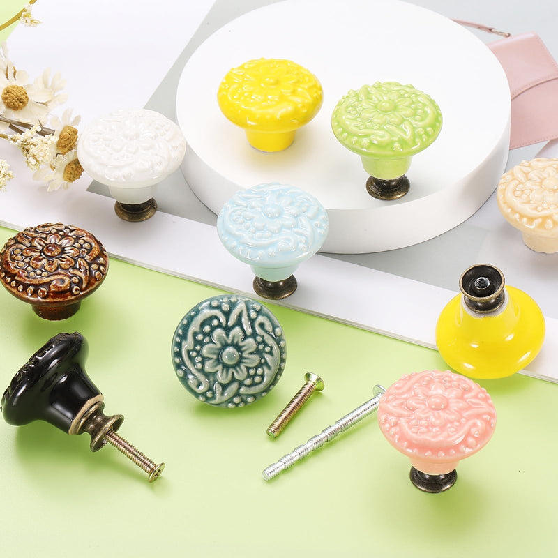 uxcell 10Pcs Ceramic Knobs, 34mm/1.34" Flower Pattern Mushroom Knob Raised Base Drawer Pull Handle Vintage Wardrobe Knobs with Screws for Vanity Bedroom Furniture Closet, Pink 10