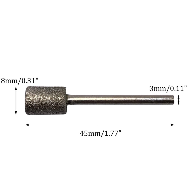 20Pcs Diamond Grinding Bits, 8mm Cylinder Head, 3mm Shank, 45mm Long Diamond Coated Burr Mounted Point 3mm Shank Cylinder