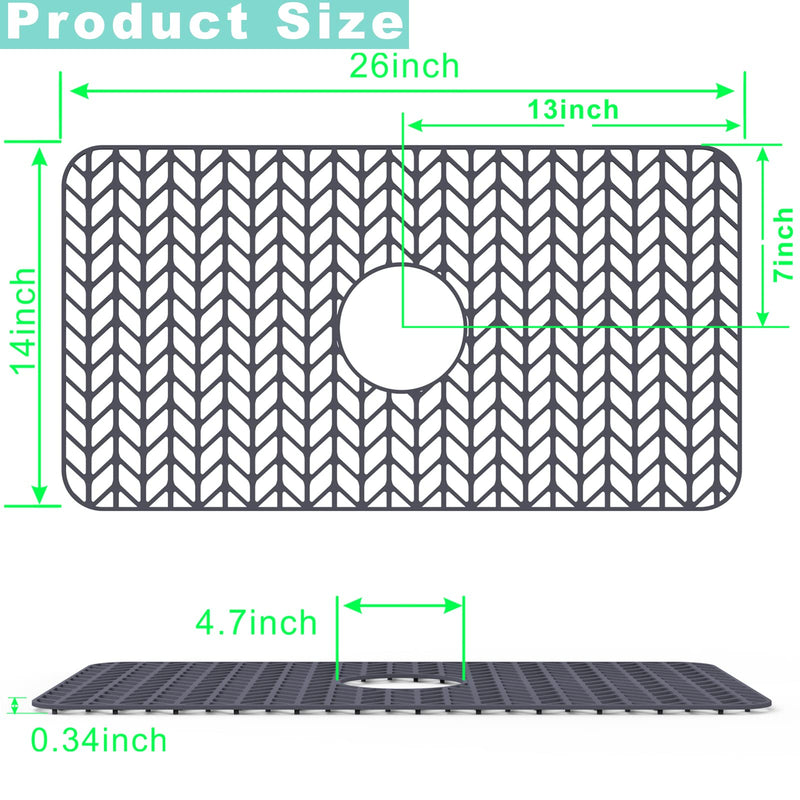 AWOKE Sink Protectors for Kitchen Sink - 26"x 14" Sink Mat - Heat-resistant Easy-clean Silicone Sink Mat - for Protection of Stainless Steel Sink - with Center Drain (Grey) 26"x 14" Center Drain