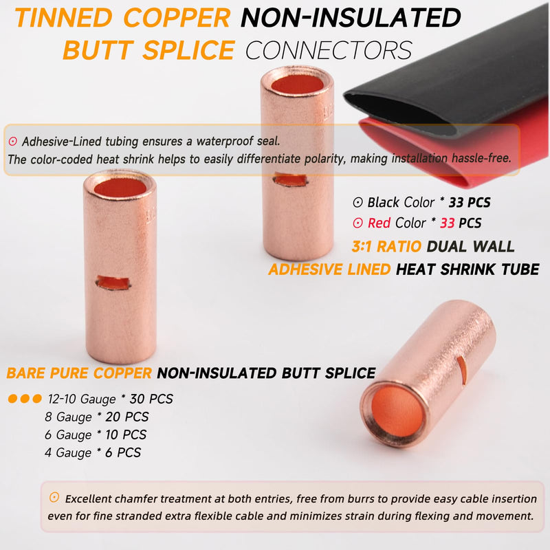 12 to 4 AWG Non-Insulated Butt Connectors 132 PCS Butt Splice Connectors Kit, 4/6/8/12-10 Gauge Bare Pure Copper Butt Splice Wire Connectors,66 PCS Uninsulated Butt Terminals & 66 PCS 3:1 Heat Shrink 4-12 AWG Assortment Kit-132pcs