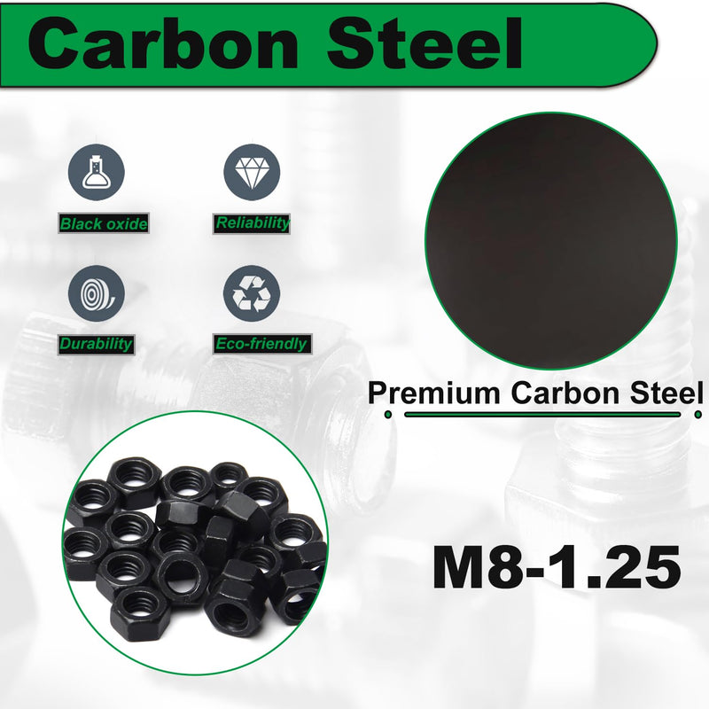 M8 Hex Nuts, 30Pcs M8 x 1.25mm Hexagon Nut, Carbon Steel, Black Oxide, Hex Drive, Grade 8.8, Metric, Right Hand, 13mm/0.5" Width, 6.5mm/0.25" Height, Replacement Wheel Nut with Plastic Case