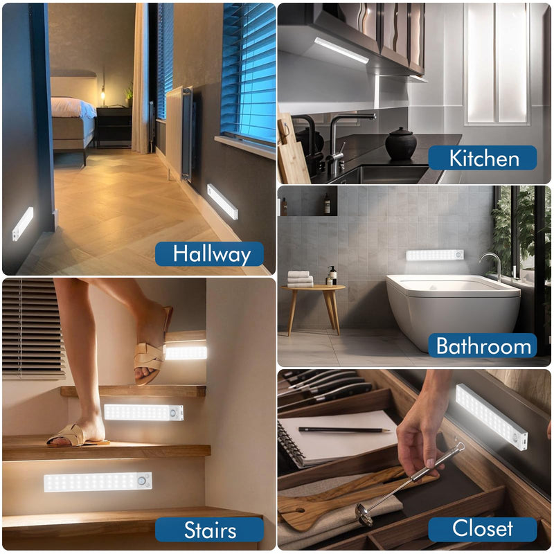 Under Cabinet Lights,2 Pack Dimmable Motion Sensor Light indoor,36LED 1800mAh Rechargeable Under Cabinet lighting wireless,Closet lights Under Counter lights for Kitchen Drawers,Wardrobe,Stair Bedroom White 8.7Inches