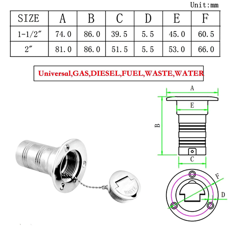 1 Pack Marine Hardware 316 Stainless Steel 1.5"( 38mm )Deck Filler/ Fill Keyless Cap Boat Accessories Yacht (Type: Diesel, 38mm 1.5inch) Type: Diesel