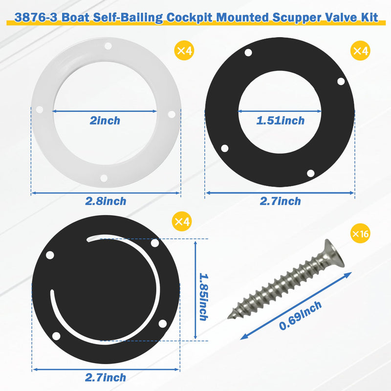 3876-3 Boat Self-Bailing Cockpit Mounted Scupper Valve Kit 2-7/8 inch Rubber Flapper Valve and Gasket Boat Scupper Flapper Self Bailing Valve Flush Mount Scupper Adapter with Retainer Ring and Screws 4 Pack