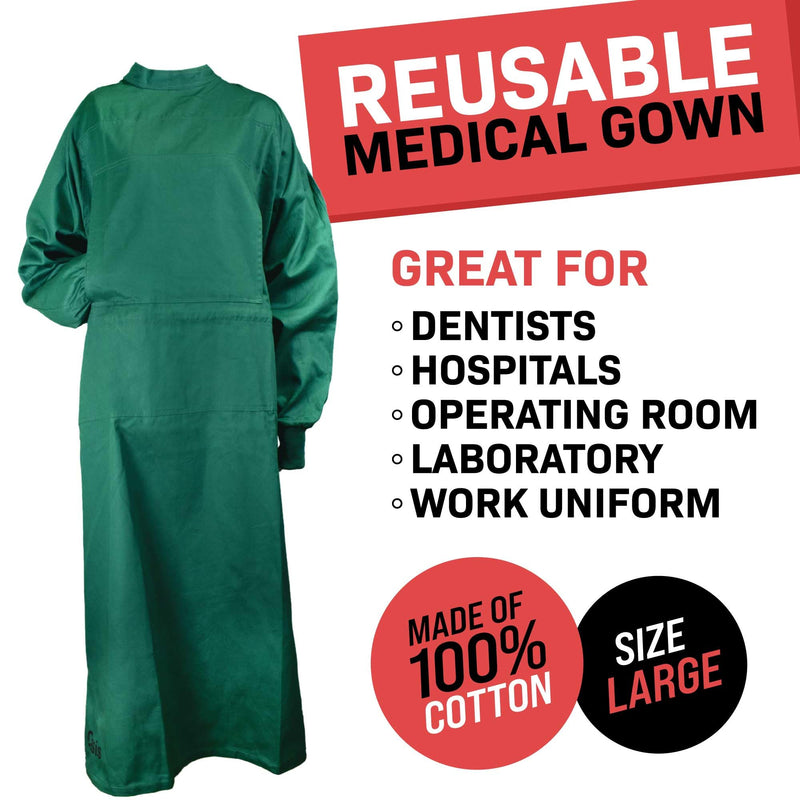 Cloth Procedure Medical Gown, Washable Reusable Gown, Long Sleeve & Elastic Cuff, 100% Cotton, Unisex, Large