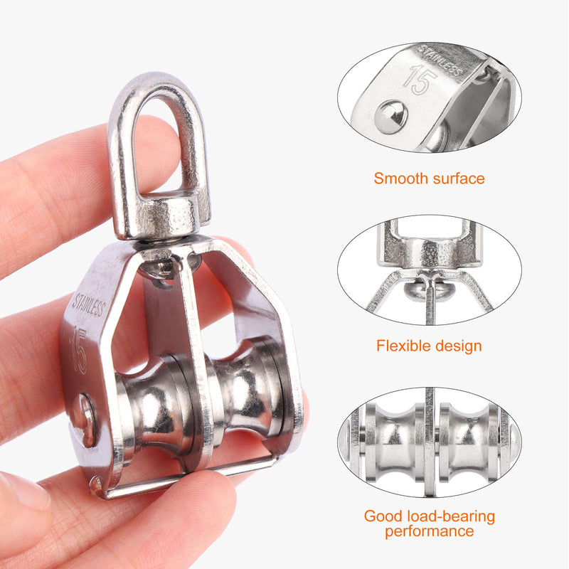 2PCS M15 Double Sheave Pulley Block 304 Stainless Steel Lifting Crane Swivel Hook M15-2PCS