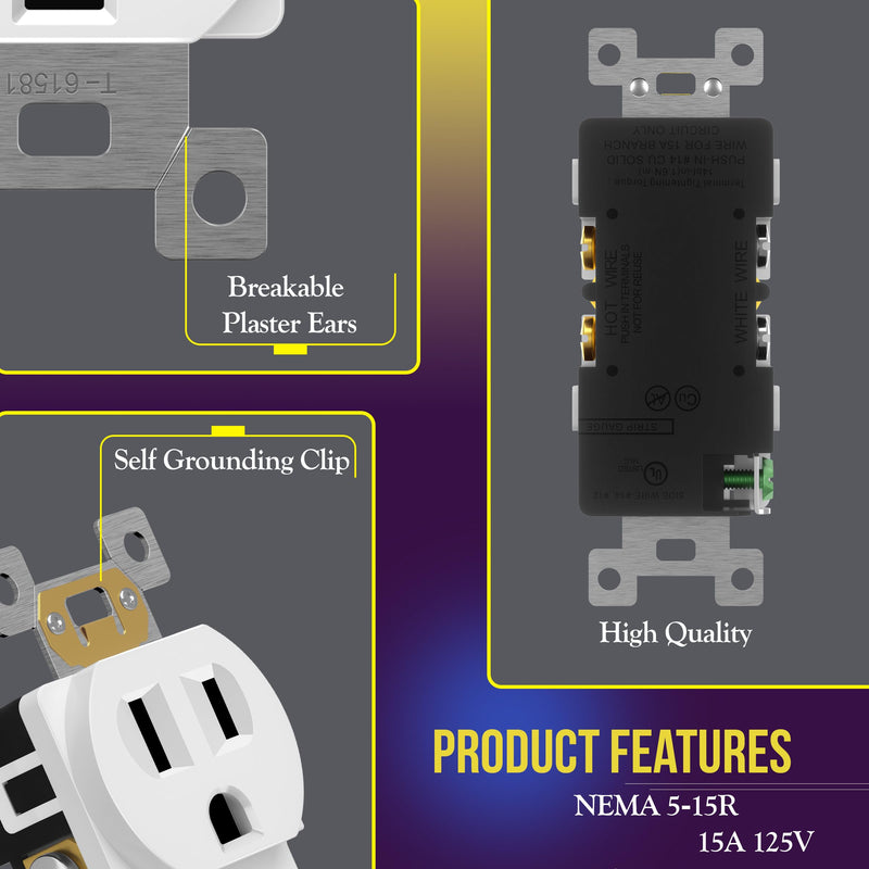 ENERLITES Duplex Receptacle Outlet, Residential Grade Electrical Wall Outlet, 15A 125V, Self-Grounding, 2-Pole, 3-Wire, UL Listed, 61581-W-10PCS, White (10 Pack) Glossy White 10