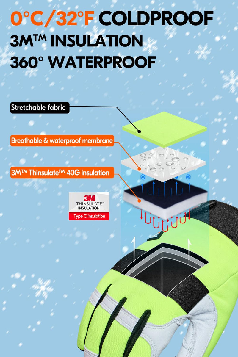 Vgo... Men's Winter Work Gloves,Waterproof,Impact Reducing,Leather Palm,Touchscreen for Construction,Cold Storage,Outdoor Medium Green