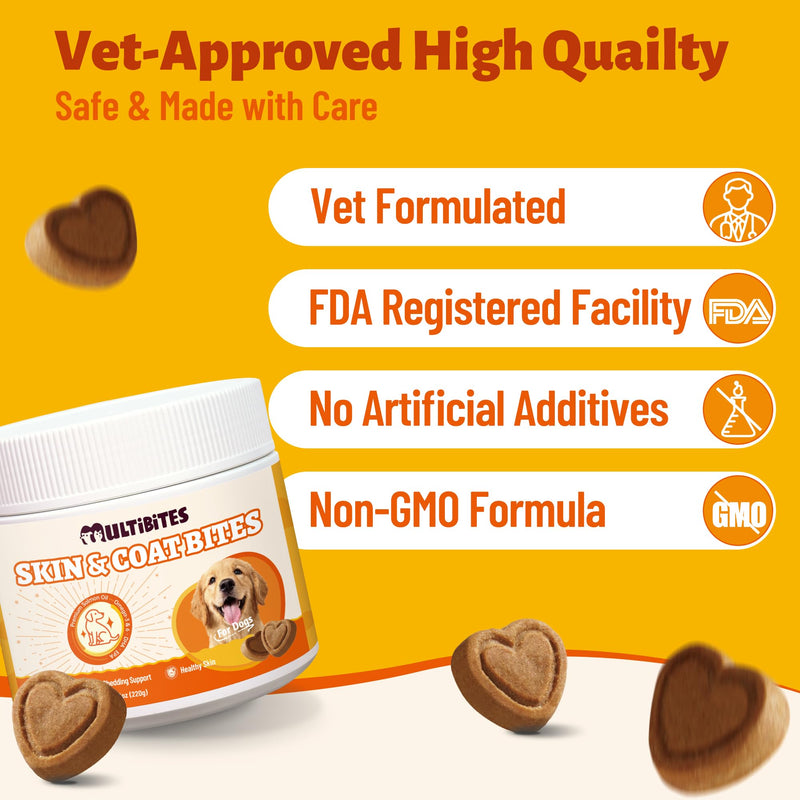 7.76 oz Skin & Coat Bites for Dogs - with Omega 3 from Salmon Oil for Dogs, Flaxseed, Vitamin E & Biotin - Skin and Coat Supplement for Itching Skin Relief - Dog Vitamins and Supplements