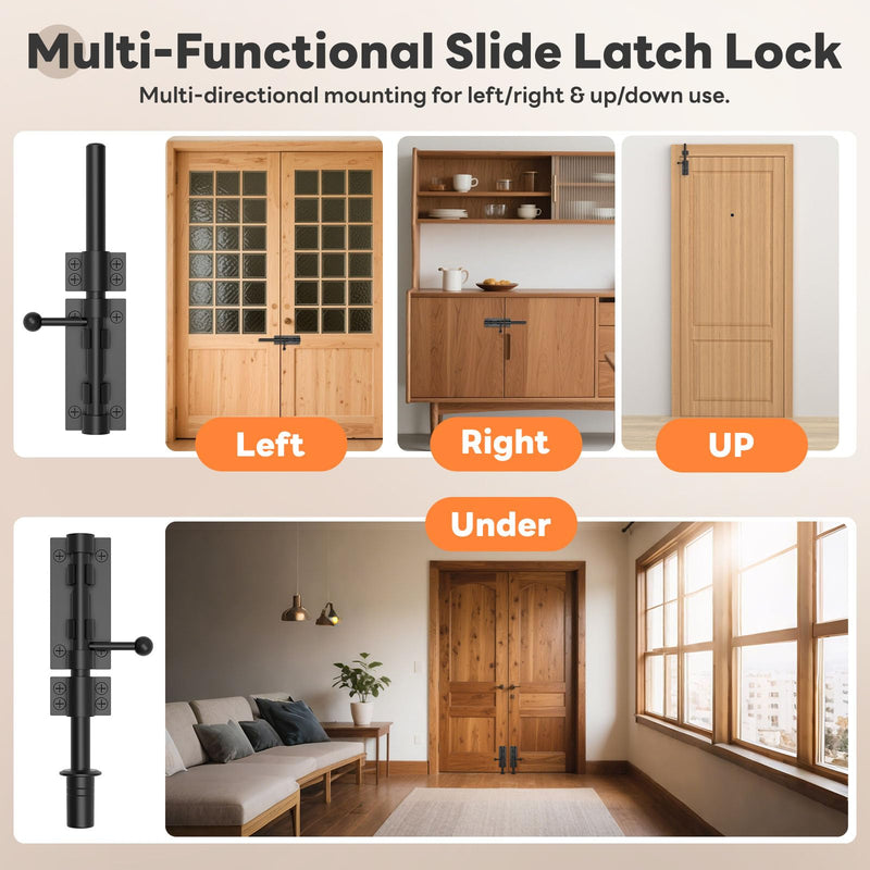 7.8 Inch Barrel Bolt Latch, Reinforced Slide Bolt Gate Latch, 304 Stainless Steel Door Latch Lock for Barn, Garden, Shed - 14 mm Bolt with Padlock Hole (Black-2pcs 7.8 Inch) Black-2pcs 8 Inch