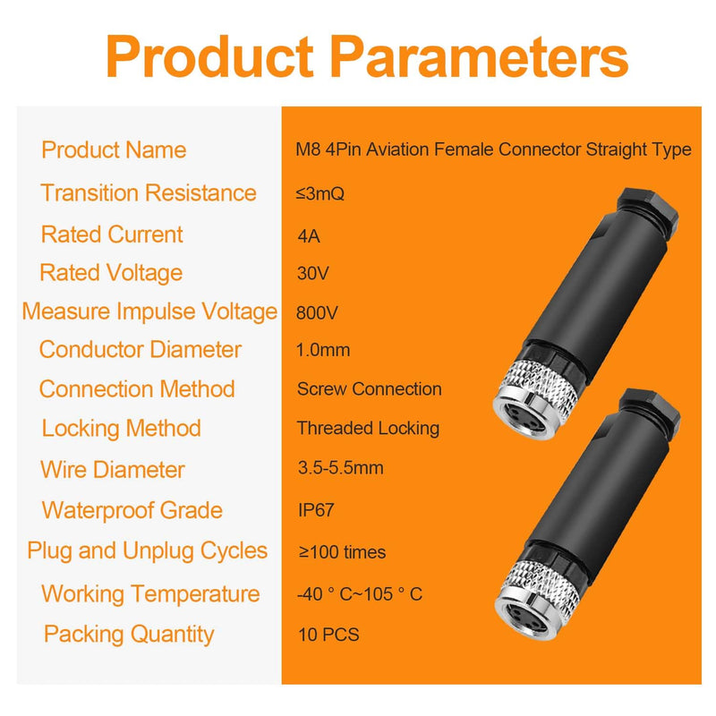 10Pcs M8 4-Pin Aviation Connector Female, Industrial A Coding Field Assembly Plug 8mm IP67 Waterproof for Circular Socket Panel Sensor M8-4Pin Female