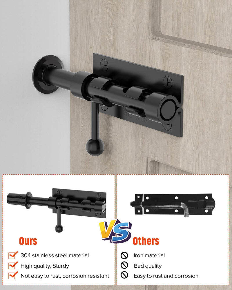 Heavy Duty Slide Bolt Gate Latch Hardware, 6.3 Inch Solid 304 Stainless Steel Latches Electroplating Finish, Barrel Bolt Lock for Wooden Fence, Yard Door, Barn Door, Shed Door, Interior Black - 1 Pack