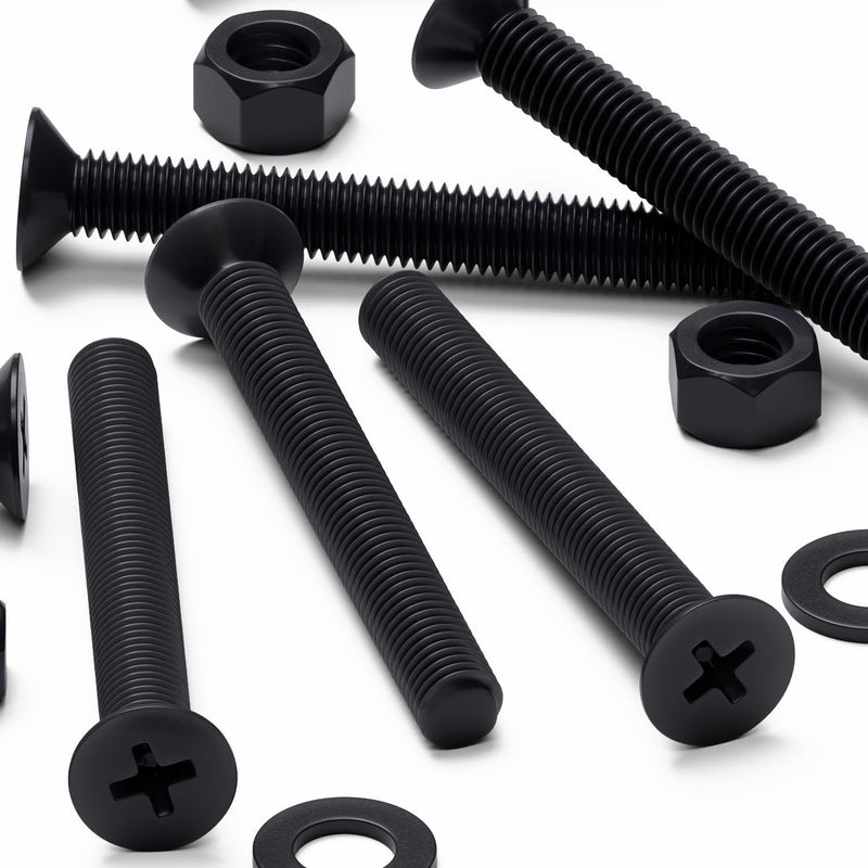 50x Black Nylon Countersunk Cross Head Machine Screws, M5 x 40 mm, Plastic Nuts, Bolts and Washers, (13/64 x 1 37/64 in)