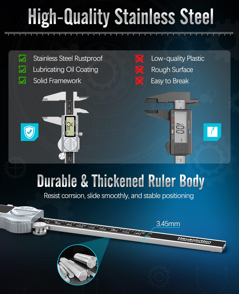 Digital Caliper 6 Inch, (ABS) Absolute Scale Caliper, IP54 Caliper Measuring Tool, Inch/MM/Fraction, Auto-Off LCD Stainless Steel Waterproof Micrometer Vernier Caliper, with Feeler Gauges ABS ABS-150mm