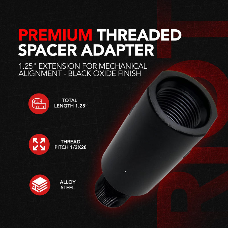 Steel Threaded Spacer Adapter, 1/2x28 Male to Female, 1.25 Inch Length, Black Oxide Finish, Precision Machined Steel Construction for Secure Fit and Proper Alignment