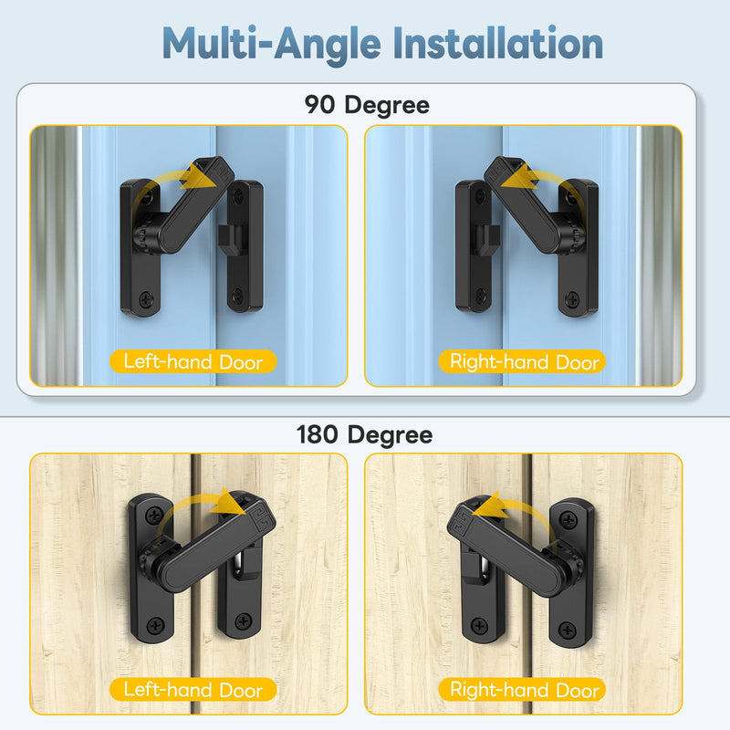 90/180 Degree Sliding Barn Door Lock, Adjustable Zinc Alloy Security Door Locks and Latches for Closets, Windows, Liquor Cabinets, Garden/Fence/Shed/Wooden Gate (Black-2PCS) Black-2PCS