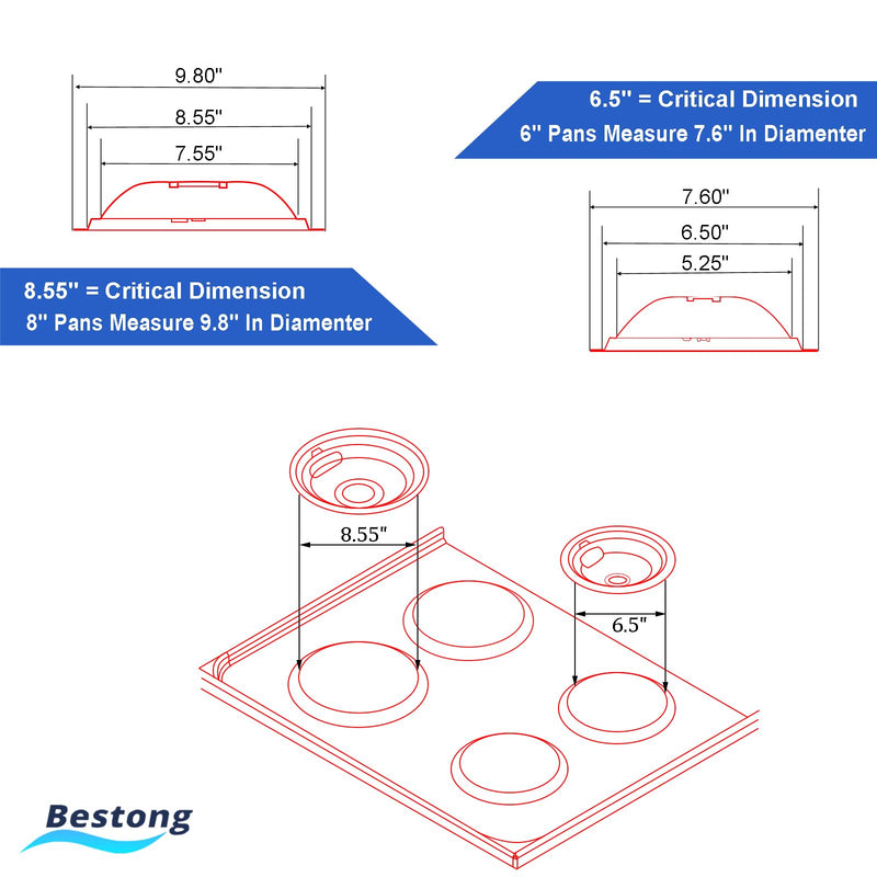Chrome Range Drip Pans compatible with GE, Hotpoint and Kenmore Electric Stove - Replacement for WB31T10010, WB31T10011 (4 Pack, 2pcs 6" and 2pcs 8") for GE(2x6" and 2x8")