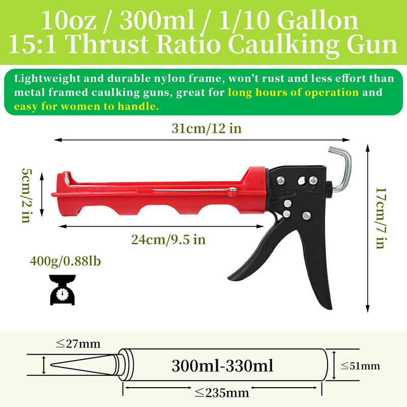 Drip-free Caulking Gun Ratchet Rod Silicone Gun Sealant Dispenser Joint Grouting Gun 15:1 Thrust Ratio Labor-Saving Lightweight Nylon Frame Cartridge Gun for 10oz/300ml Standard Caulk Tubes Y01
