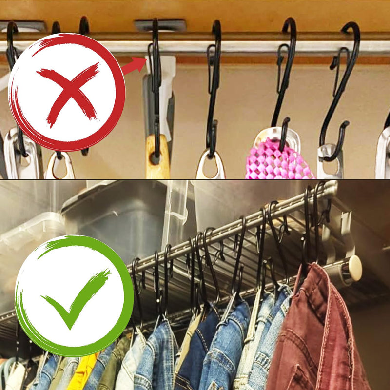7 Pack S Hooks for Hanging with Safety Buckle, 5 inch Heavy Duty Black Vinyl Coated Wire Shelving Hooks, Pot Rack Hooks for Hanging Plants, Bags, Kitchen Utensils, Cups, Pans 12