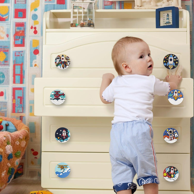 JamJam Set of 8 1.8" Wooden Cabinet Knobs Space Rocket Astronaut Moon Theme Nursery Kids Room Furniture Dresser Drawer Knobs and Pulls