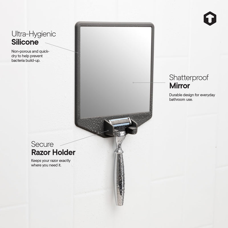 TOOLETRIES The Joseph Shower Mirror for Shaving - Silicone Razor Holder for Shower, Stlyish Bathroom Shower Accessory - Features Silicone-Grip, Removable & Reusable - Charcoal