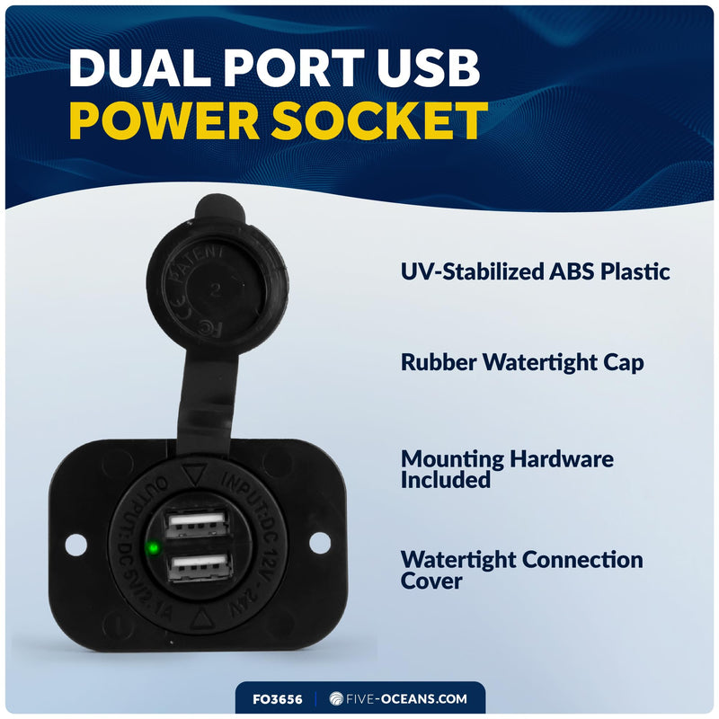 Five Oceans Marine Waterproof Dual Port USB Power Socket, 12 Volts - 24 Volts, UV-Stabilized ABS Plastic, Easy Installation, Sport, Pontoon, Fishing Boats, LED Power Indicator - FO3656